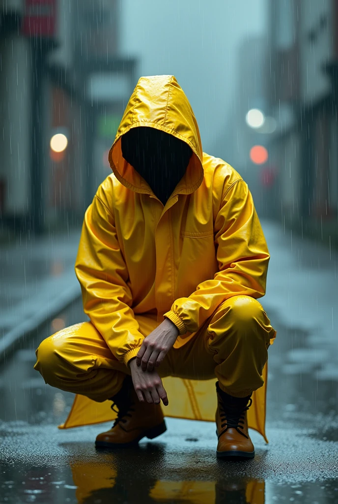 ,Please wear a yellow hooded raincoat,Full body POV,Half kneeling position,Boots、Standing in the heavy rain,Emphasize the texture of a raincoat or gelcoat,Accentuates the translucent texture of the raincoat