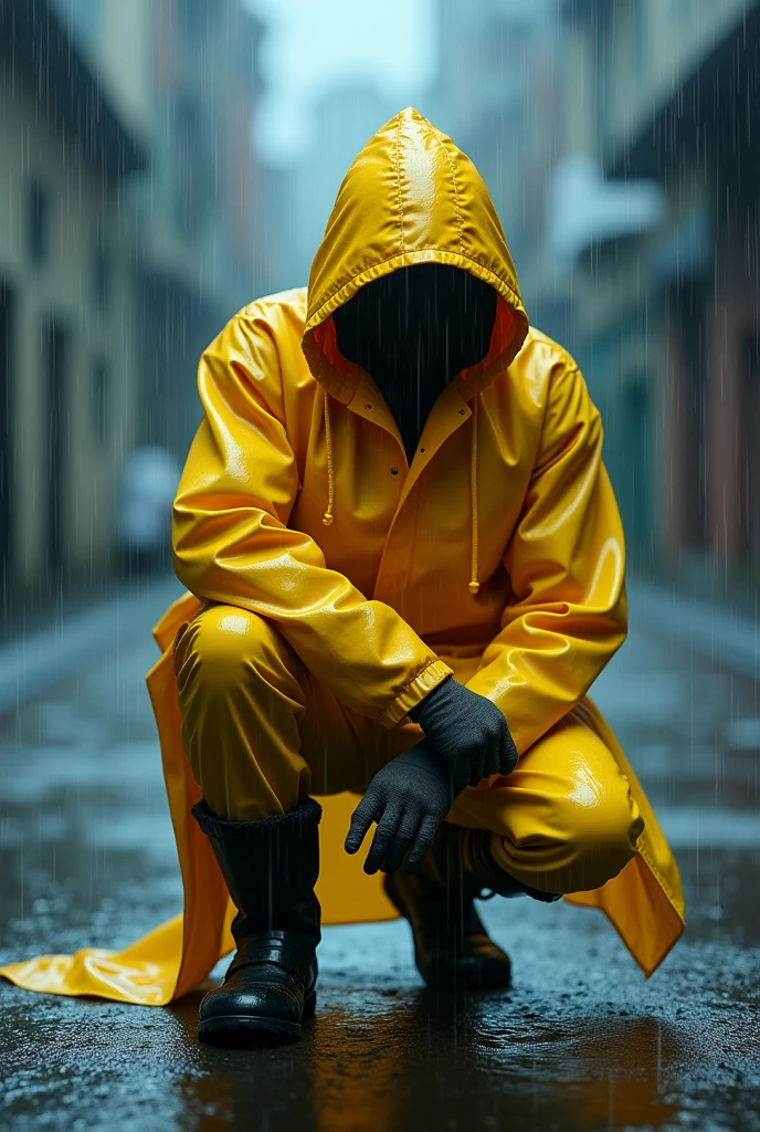 ，Please wear a yellow hooded raincoat，Full body POV，Half kneeling position，Boots、Standing in the heavy rain，Emphasize the texture of a raincoat or gelcoat，Accentuates the translucent texture of the raincoat