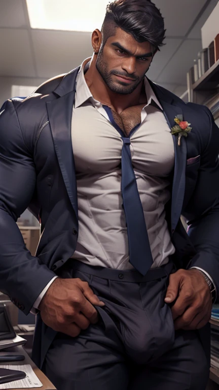 Front open Office suit and showing hairy chest close up focus on press down bulge by hand wetty bulge indian perfect wetty big hairy monster bulge in pant, masterpiece