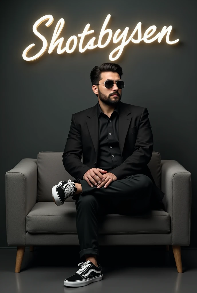 A 1 boy, slight chubby body habitus , beard, classic student hair, sunglasses black, writing a black formal shirt and black blazer is sitting on a sofa with one leg up a pair of black and write lace sneakers sitting on a small gray color single sofa dark wall behind light white light shadow coming name written on the wall with capital letters slightly curved 3D text ."SHOTSBYSEN"