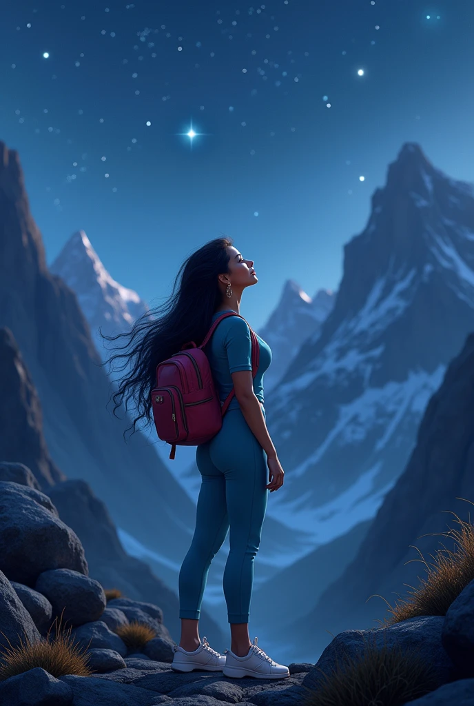Disney Princess Jasmine in a tight tracksuit with a backpack in the mountains. flirting, sexually. figure detailing, breast, hips.
photorealistic.
Smile. Watching the stars.