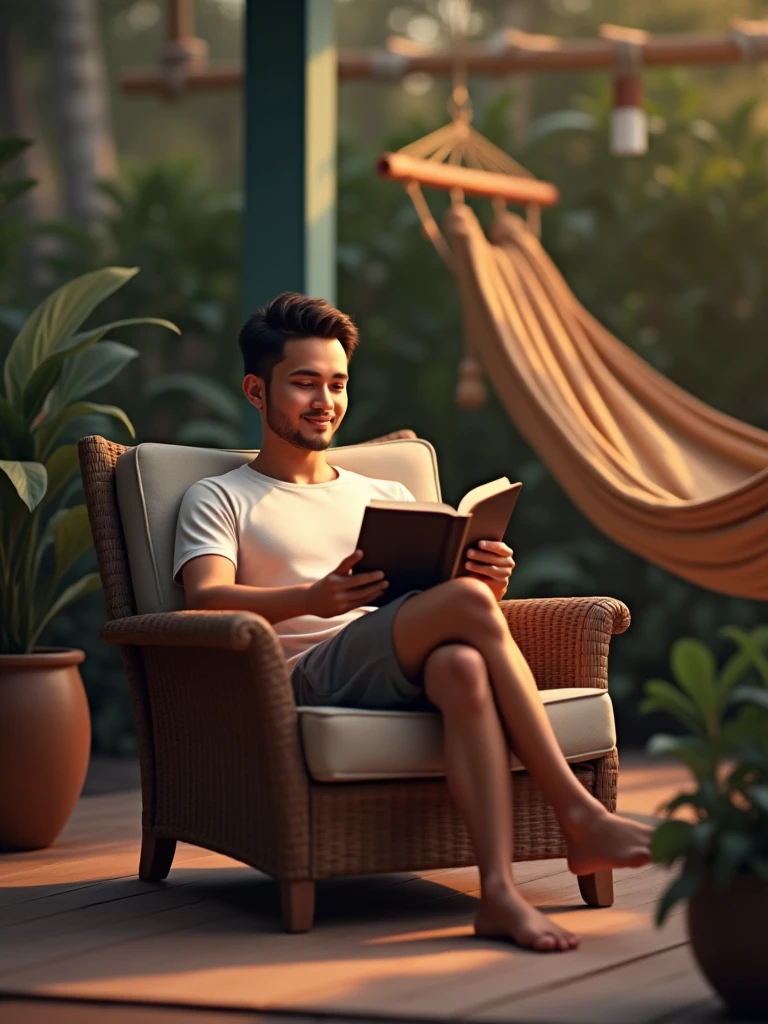Show the Malay man enjoying leisure time, perhaps lounging in comfortable clothing like a T-shirt and shorts, reading a book in a cozy armchair, or chilling in a hammock outdoors. This pose evokes a sense of relaxation and contentment.