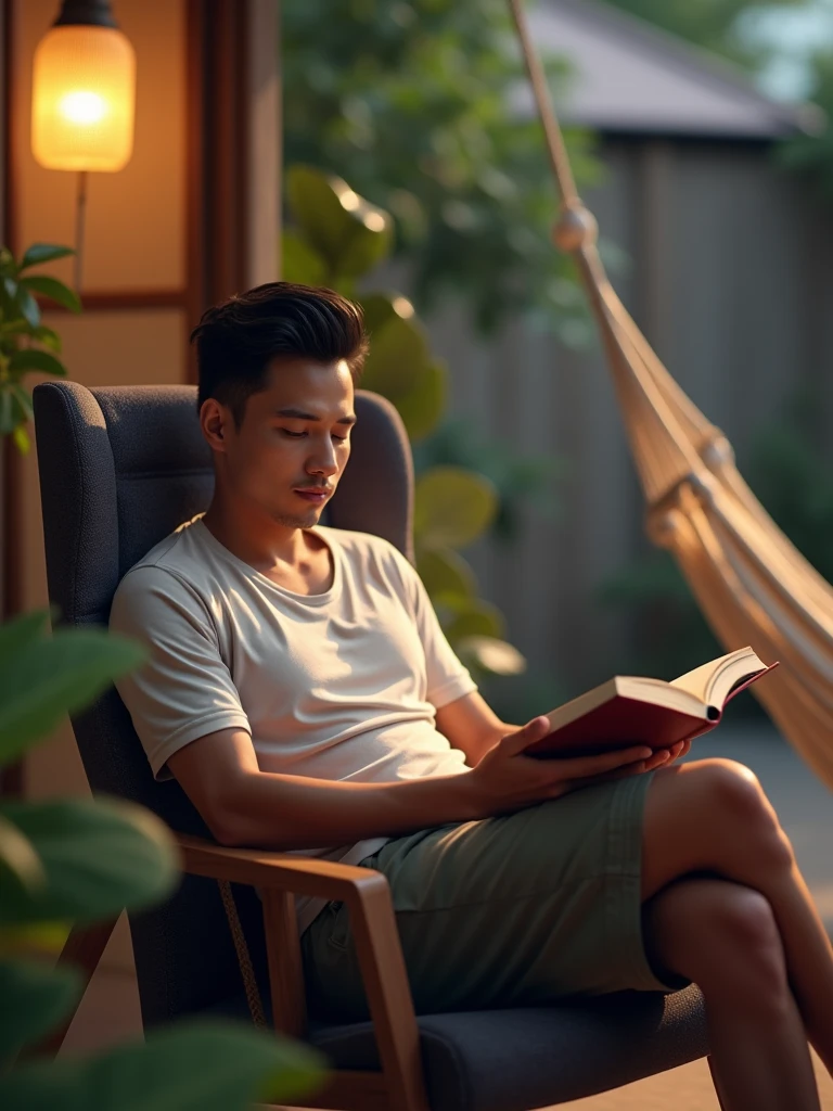 Show the Malay man enjoying leisure time, perhaps lounging in comfortable clothing like a T-shirt and shorts, reading a book in a cozy armchair, or chilling in a hammock outdoors. This pose evokes a sense of relaxation and contentment.