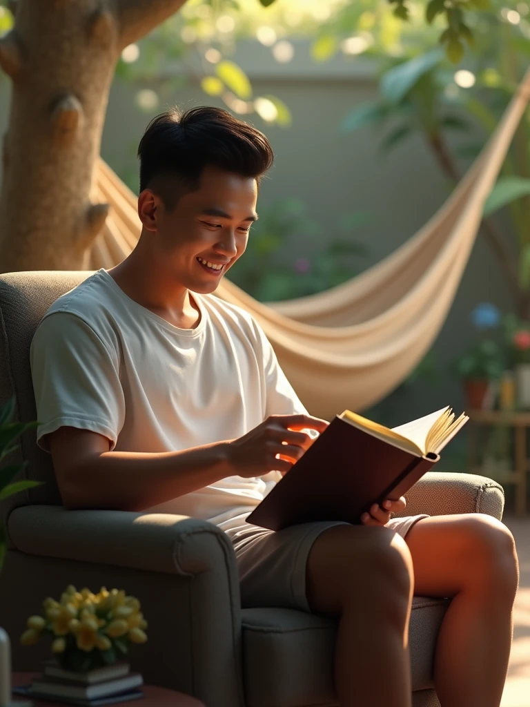 Show the Malay man enjoying leisure time, perhaps lounging in comfortable clothing like a T-shirt and shorts, reading a book in a cozy armchair, or chilling in a hammock outdoors. This pose evokes a sense of relaxation and contentment.