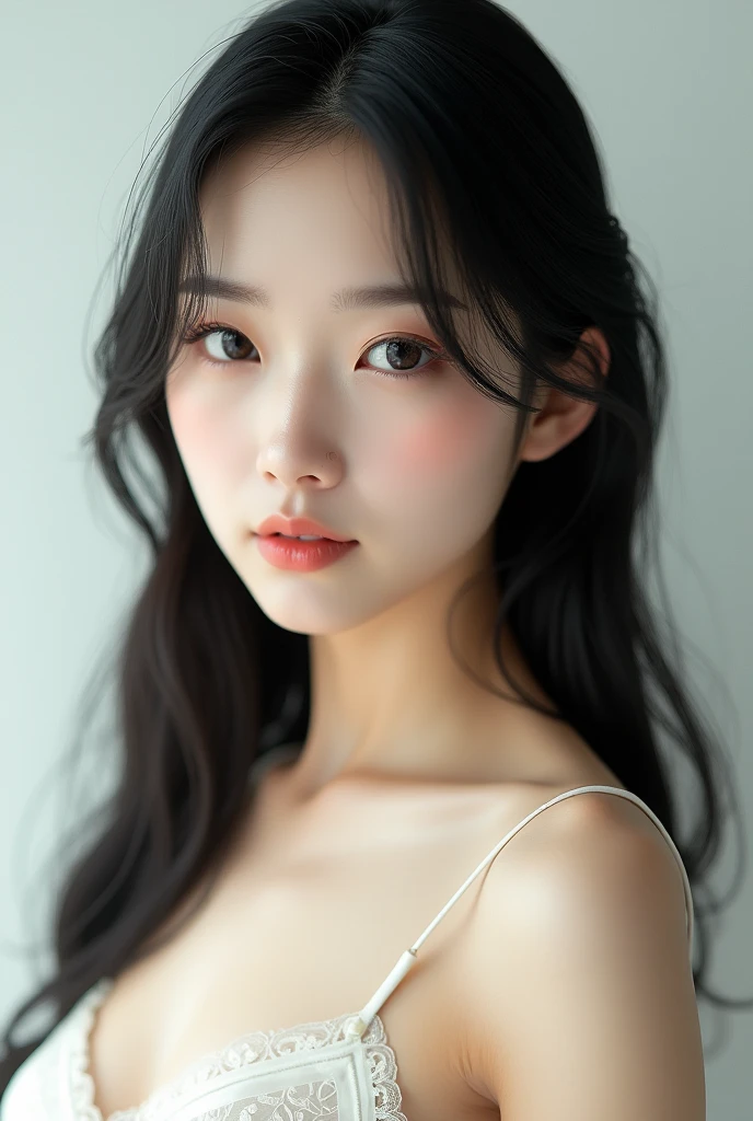 (photorealism:1.2), beautiful woman, f size breast, clean and transparent skin, black and straight hair. white background like profile picture, natural light,
staring forward, white skin, asian