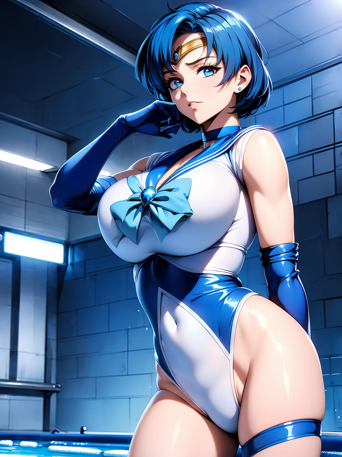 Sailor Mercury in police uniform,Long Blue Hair,blue power ranger, Hurricane ,Sexy Goth Woman Large Breasts, Character Sheet,In the pool,High resolution, Large Breasts,