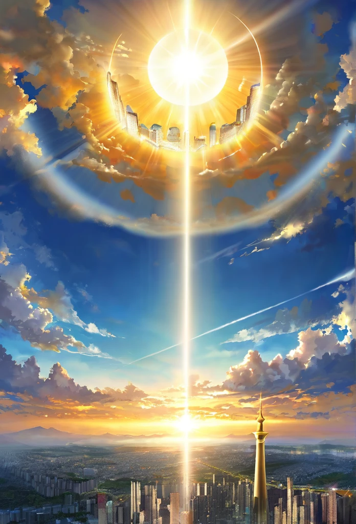 空に向かって上昇するgod秘的な都市、Digital Art, The clouds clear and the shining sun appears, Ascension Day,Golden Sun、Empty City、god々Utopian、There is one relic。空中に浮かぶgod々Our Sky Garden、Angel Ladder、Future City、Spiral pillar of light、