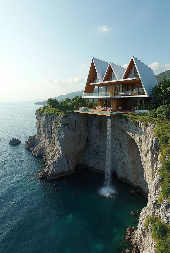 show me some pictures but with these set up imagination.
The house is more like taking place in a west Philippine sea but the house was placed on a cliff. The client who wants the house is a Geometric lawyer. Geometric means shape and the client wants to take advantage of the view of west Philippine sea and vistas which means far views. Then try to think of putting triangle roofs parag to serve slope for rainwater, to create artifical water fall and make the concept of design leverage just like archimedes.