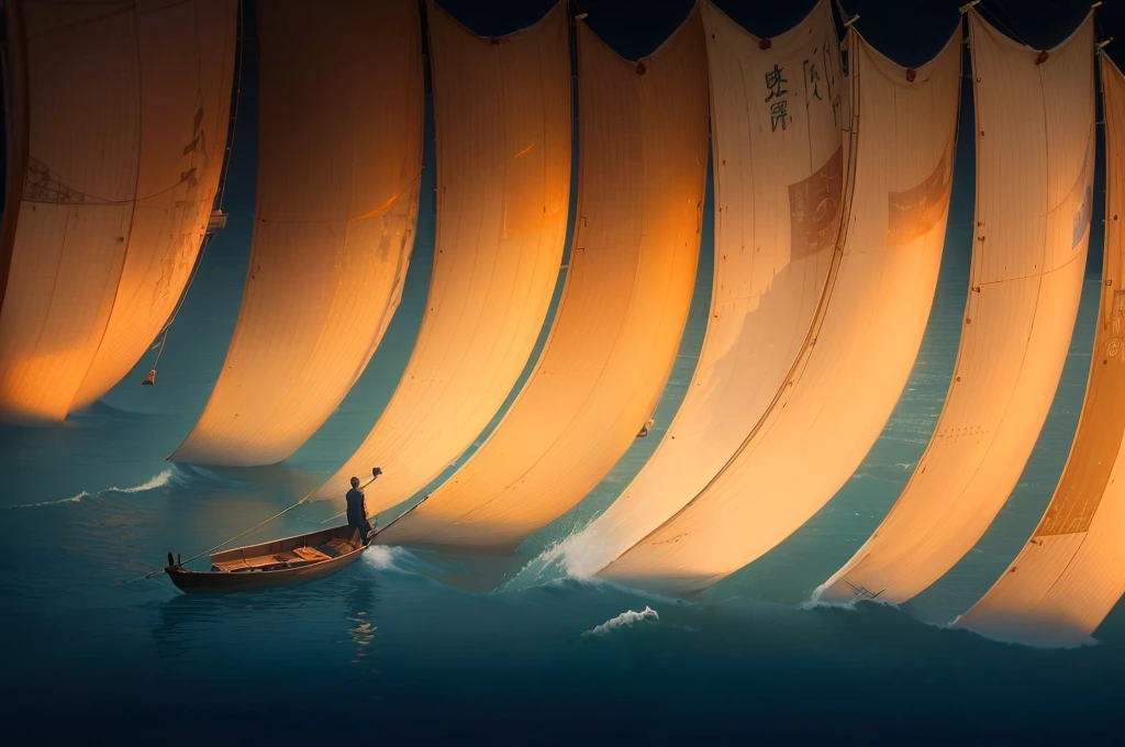 A man in a boat on the waves, Fanhao Photography, by Fei Danxu, by Xia Yong, by Cheng Jiasui, atey ghailan 和 steve mccurry, author Shang Xi, author:Xu Xi, Sail, Inspired by Fei Danxu, by Jiang Tingxi, author:Ye Xin, Yu Zhiding