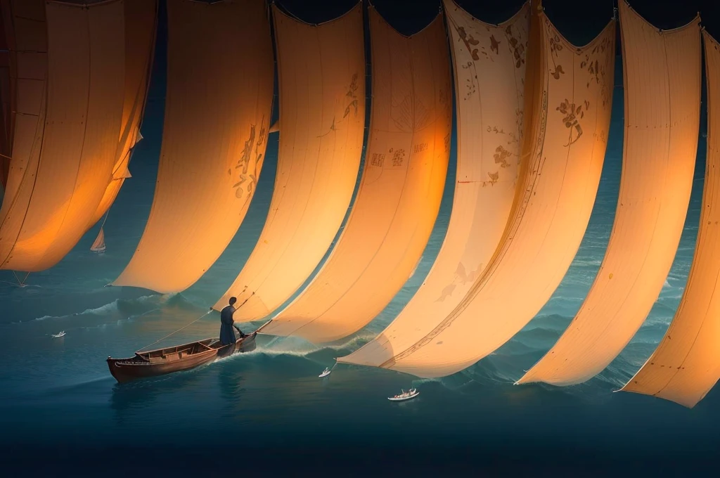 A man in a boat on the waves, Fanhao Photography, by Fei Danxu, by Xia Yong, by Cheng Jiasui, atey ghailan 和 steve mccurry, author Shang Xi, author：Xu Xi, Sail, Inspired by Fei Danxu, by Jiang Tingxi, author：Ye Xin, Yu Zhiding