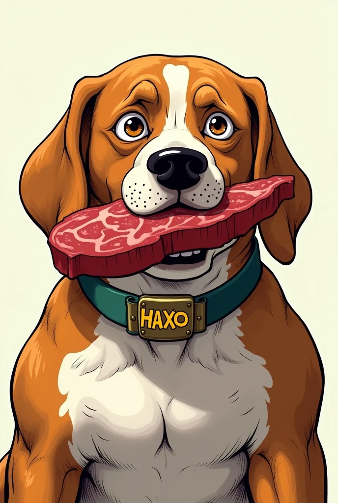 Un vieux gros beagle qui mange un steak. Avec un collier écrit haxo. En personnage de one piece le manga.