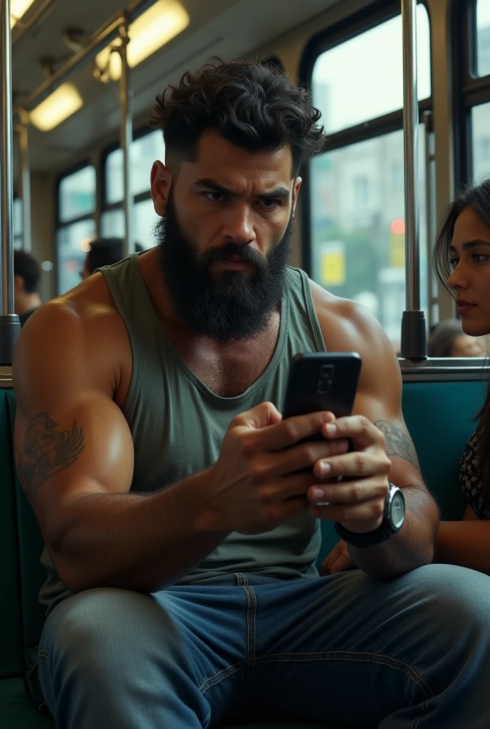 Strong, hairy, bearded young Puerto Rican man sitting on the seat of a city bus looking at his cell phone while being discreetly observed by a woman standing nearby.