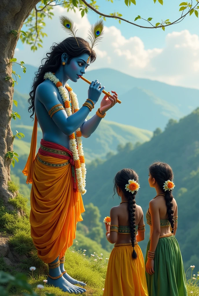 On a hill, adult Lord Krishna stands in radiant repose, his dark blue complexion accentuated by the peacock feather on his head and a garland of delicate white flowers around his neck. As he plays his flute, the melody drifts through the air, captivating the beautiful Gopis who stand before him. The Gopis, dressed in vibrant ghagra cholis of green, yellow, and red, listen intently. Their hair is adorned with small flowers, elegantly braided, enhancing their grace and the enchanting atmosphere of the scene.