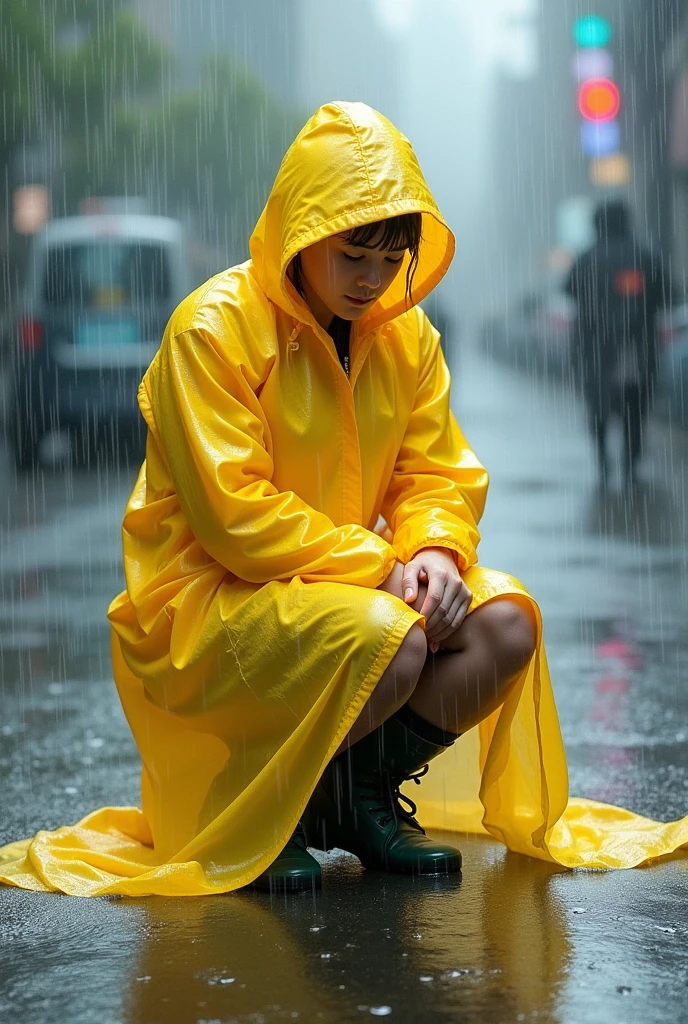 ,Watercolor、Please wear a yellow hooded raincoat,Full body POV,Half kneeling position,Boots、Standing in the heavy rain,Emphasize the texture of a raincoat or gelcoat,Accentuates the translucent texture of the raincoat