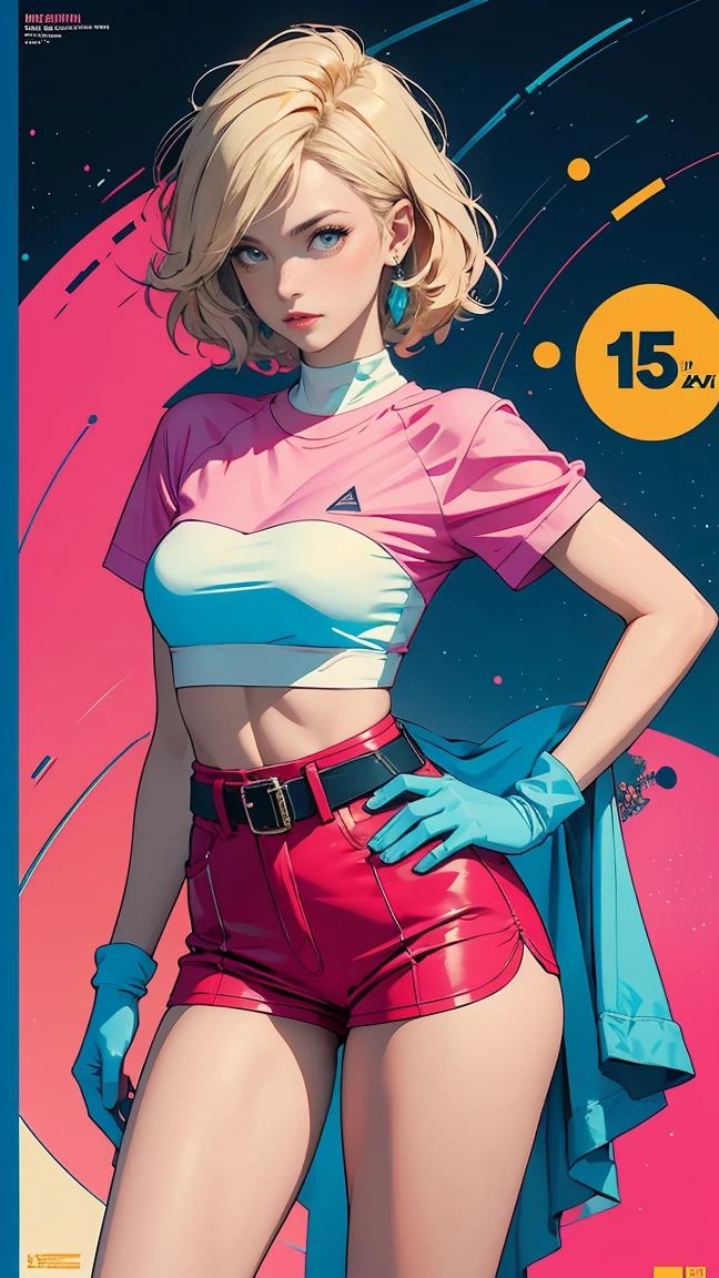((masterpiece, Highest quality)), 32K Wallpapers, Very detailed, Poster, Vintage science fiction, 1960s,(((geometric cinematic movie Poster))), (Bauhaus), shape,Abstract, Midcentury Modern, movie Poster, Vintage, Perfect Lady,1970s,Halftone,Speech bubble,(((portfolio,close))), Tall and straight blonde mature girl, Sexy, Medium Neck, He is wearing a plain, tight pink short-sleeved U-neck T-shirt., She completely exposed her midsection, She is wearing blue leather shorts., She is wearing little pink boots, she wears a large orange belt with a red heart-shaped buckle, She is wearing little pink gloves, She exposed her navel, beautiful abdomen, Beautiful thighs, Long and slender thighs, A pose that makes it appear as if you are facing forward with your hands on your hips, whole body