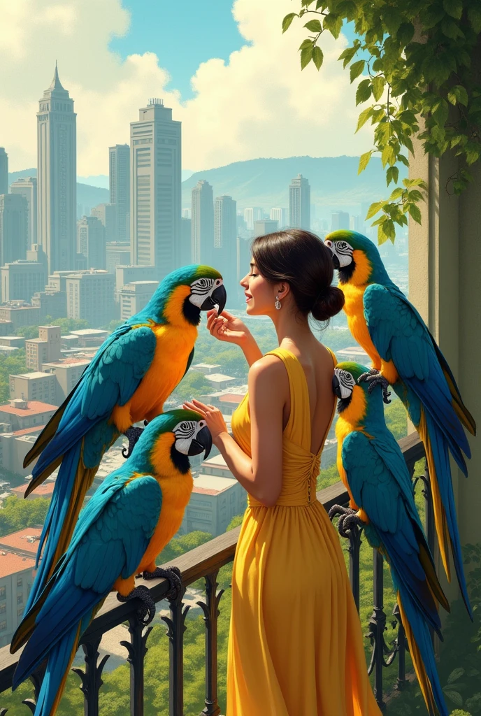Create an artistic style illustration of a woman feeding several blue-and-yellow macaws from her balcony in a high-rise apartment in Caracas.