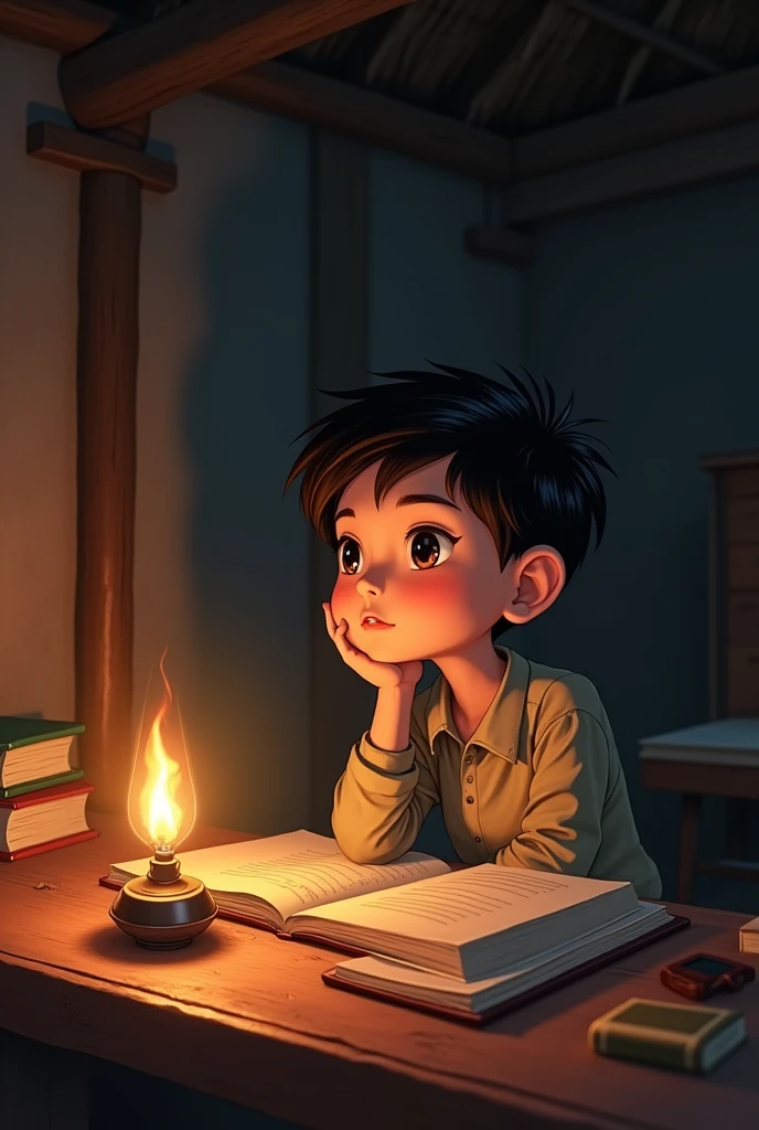 Scene of young boy Nguyen Hien diligently studying under the light of an oil lamp in a simple thatched roof house, sometimes look up and think deeply