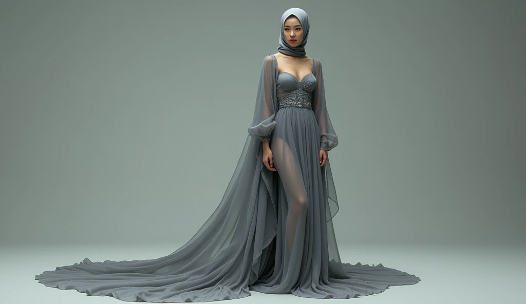Asian woman wrapped in a transparent grey cloth mimicking a mermaid gown with a striking long train, puff sleeve, wear corset, the cloth clings tightly to her figure, incorporates a hijab, standing with poise, see through whole body, half naked, nipple on, dramatic lighting, volumetric textures, very long cloth, outdoor, ultra realistic, golden ratio.