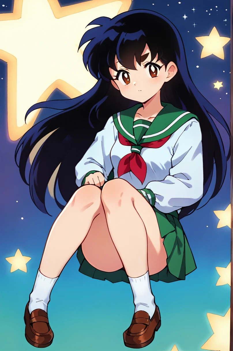 score9, score_8_up, score_7_up, score_6_up, cookie run, 1girl, kagomexl, long hair, black hair, brown eyes, bangs, school uniform, serafuku, sailor collar, red neckerchief, long hair,solo,black hair, purple bang,detailed and fine eyebrows, strong lines, cleann draw, open eyes, full body, dinamic face, BREAK
star galaxy on the background, starry background, black and blue gradient background, green chr0m4 