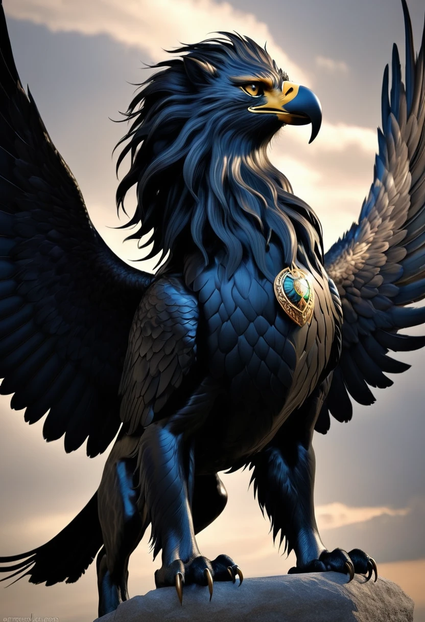 Gryphon, a creature from Greek mythology, a hybrid creature consisting of a lion with the head and neck of an eagle attached to it and the wings of an eagle on a lion's body, or a lion's body with the head and wings of an eagle attached. It is jet black in color and gives off a frightening impression.