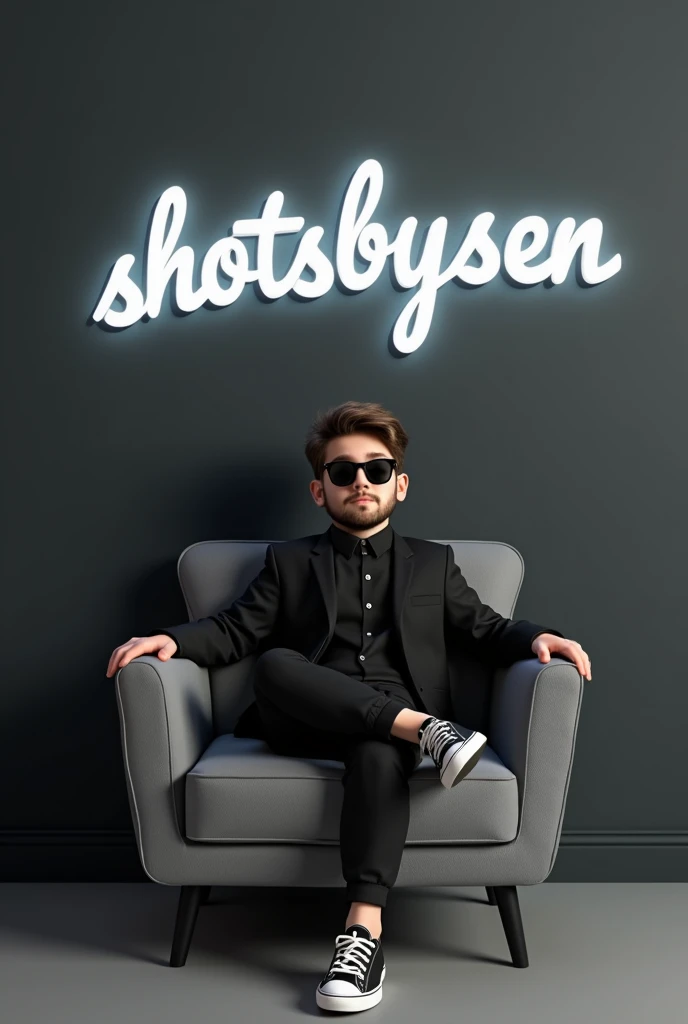 A younf 1 boy, slight chubby body habitus , beard, classic student hair, sunglasses black, writing a black formal shirt and black blazer is sitting on a sofa with one leg up a pair of black and write lace sneakers sitting on a small gray color single sofa dark wall behind light white light shadow coming name written on the wall with capital letters slightly curved 3D text ."SHOTSBYSEN"