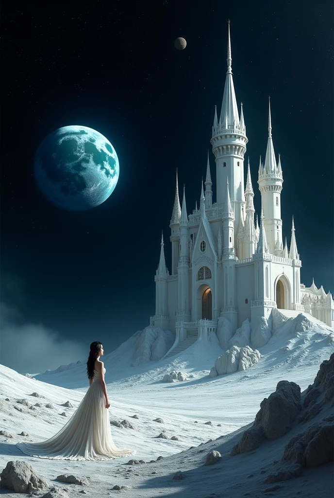 on the moon there is a castle and a princess looking back at the earth