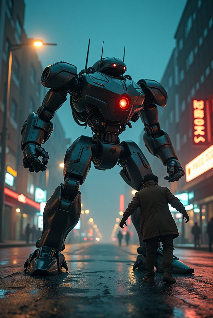 Robot vs human fight with road at night in lights