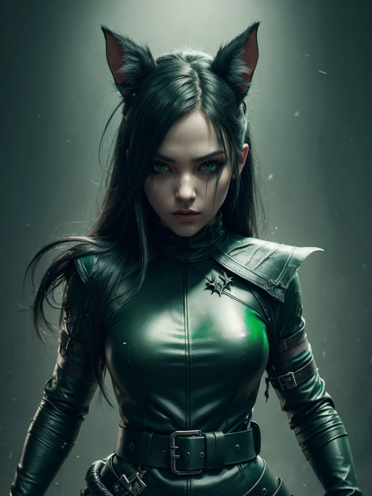 beautiful young american, extremely detailed, mono, gloves, belt, thigh high boots, (valorantViper:1.2), mono, gloves, belt, thigh high boots, respirator, looking at the viewer, face, portrait, close up, green, slender, (Combat ready stance), (tactical equipment), (lonely character), (gaming theme:1.5), Long hair, red, (black fur), (Military equipment), (gas mask:0.4), (poisonous green:1.2), (shiny effects),