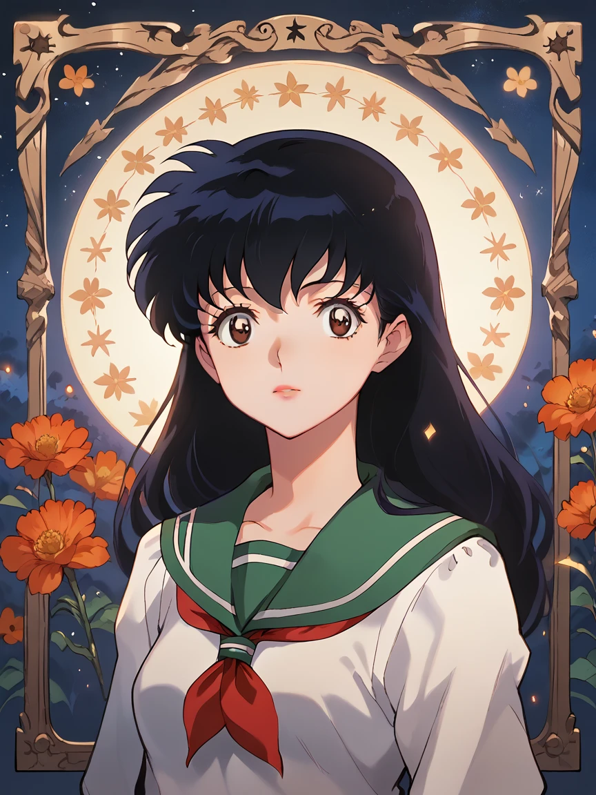 source_anime, score_9, score_8_up, score_7_up, score_6_up, score_5_up,  rdj, light particles, 1girl, night sky, curvy, flower, tarot, portrait,  kagomexl, long hair, black hair, brown eyes, bangs, school uniform, serafuku, sailor collar, red neckerchief