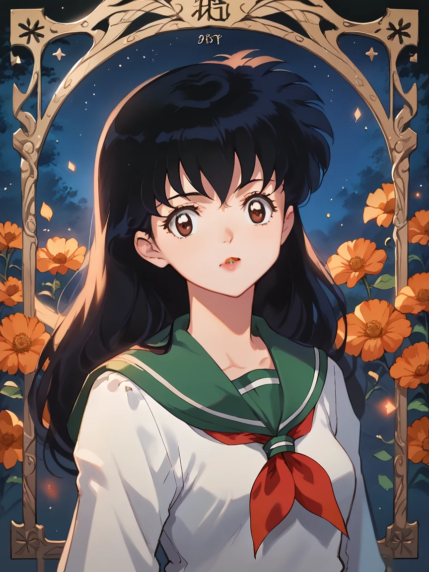 source_anime, score_9, score_8_up, score_7_up, score_6_up, score_5_up,  rdj, light particles, 1girl, night sky, curvy, flower, tarot, portrait,  kagomexl, long hair, black hair, brown eyes, bangs, school uniform, serafuku, sailor collar, red neckerchief