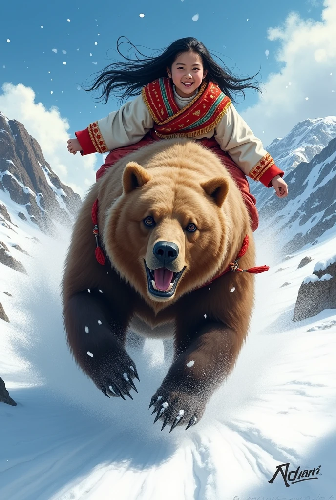 girl\(long black hair, Ainu folk costume, smiling\) sitting on a big brown bear running at great speed through the wilderness\(snowy mountains\) of Hokkaido,dynamic camera angle, powerful composition, concentrated lines, scattered snow,great land scape