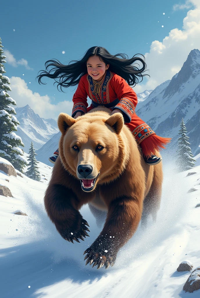 girl\(long black hair, Ainu folk costume, smiling\) sitting on a big brown bear running at great speed through the wilderness\(snowy mountains\) of Hokkaido,dynamic camera angle, powerful composition, concentrated lines, scattered snow,great land scape