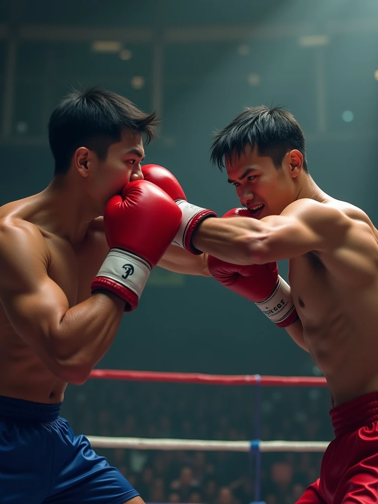Capture the moment when the Malay boxer extends their lead hand forward in a quick, straight punch, with their rear hand guarding their chin and their body slightly turned sideways. The focus is on speed and precision, with a determined expression on the boxer's face.