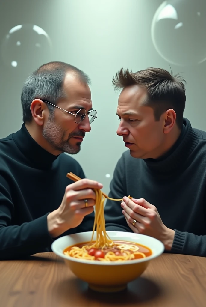 Surreal、Steve Jobs and Elon Musk eating ramen side by side。