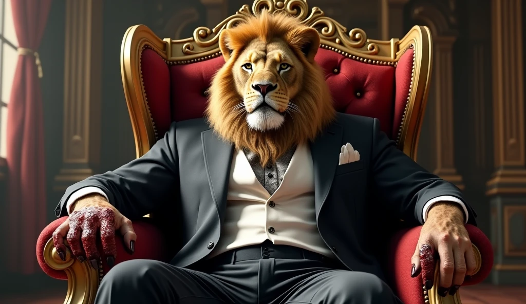 A brave injured lion sitting in king size chair wearing white and black suit and bleeding from his hand and shoulders.