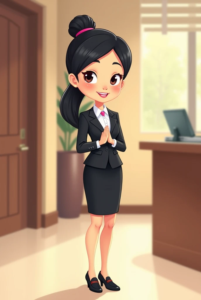 picture of girl with tied hair, think!is it formal attire for hotel receptionists or hotel front office, black skirt calf length but not too long, 3 cm heeled loafers, black hair, smile, hands in front of chest, cartoon image