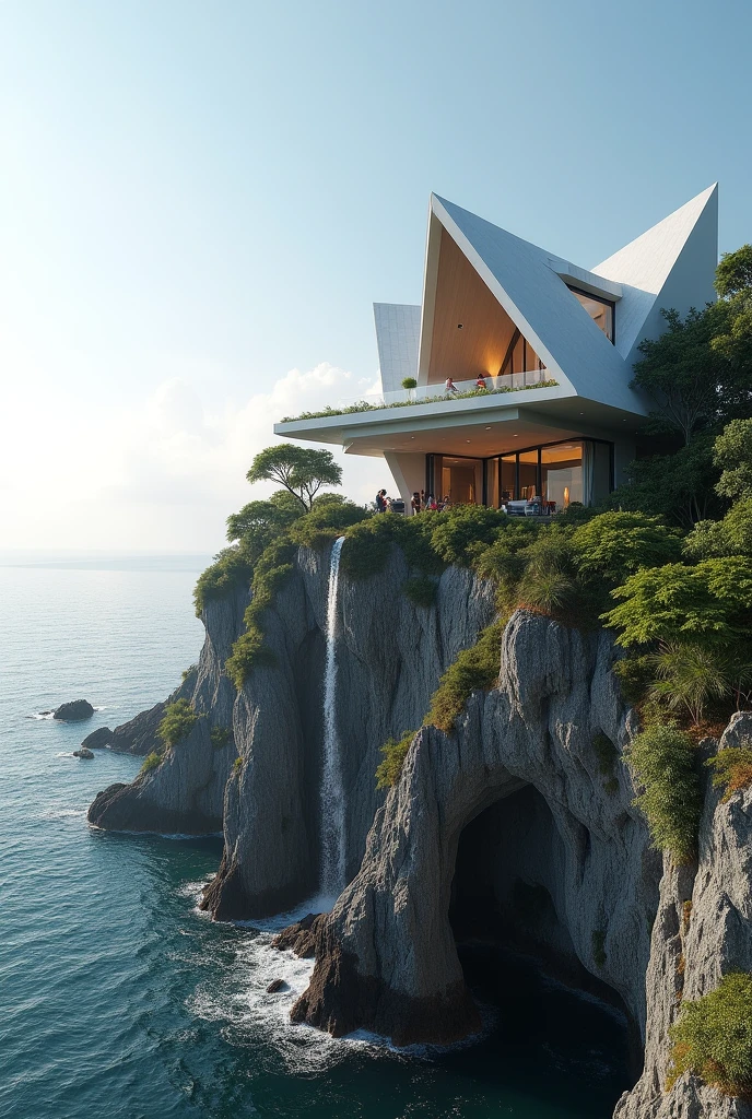 show me some pictures but with these set up imagination.

The house is more like taking place in a west Philippine sea but the house was placed on a cliff. The client who wants the house is a Geometric lawyer. Geometric means shape and the client wants to take advantage of the view of west Philippine sea and vistas which means far views. Then try to think of putting triangle roofs parag to serve slope for rainwater, to create artifical water fall and make the concept of design leverage just like archimedes.