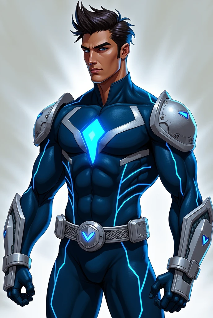 Nikhil Singh - Hero Name: Echo ForceAppearance:Height: 5'9"Build: Athletic and well-defined, reflecting his training and physical prowess.Hair: Dark brown, spiky hair with a slight blue tint, styled in a way that resembles the flow of vibrations. The tips of his hair subtly glow electric blue when he activates his Quirk.Eyes: Deep blue with a unique ripple effect in the irises when he uses his Quirk, giving the impression of waves or vibrations emanating from the center.Skin Tone: Medium-brown, representing his Indian heritage.Facial Features: Sharp and determined, with a strong jawline. He has a focused, intense gaze, but his expression softens when he’s relaxed.Hero Costume:Vibration-Resistant Bodysuit:Design: A sleek, form-fitting bodysuit in navy blue, made from a specialized fabric that absorbs and channels vibrations. Silver wave-like patterns run across the suit, from the chest down to the legs and arms, representing the flow of his vibrational energy. The suit is slightly textured to reflect its durable, high-tech material.Vibro-Gauntlets:Design: Bulky, silver gauntlets with intricate piston-like mechanisms visible on the forearms. These gauntlets are designed to absorb and amplify vibrations, enhancing his Echo Strike attacks. The gauntlets have electric blue highlights and glowing sections that pulse in sync with his Quirk.Resonance Boots:Design: Reinforced boots with textured, shock-absorbing soles. The boots are navy blue with silver accents, and the sides feature wave patterns resembling sound waves. These boots help him leap or fly using vibrations, and the design reflects both function and form.Vajra Belt:Design: A wide, silver belt with a prominent vajra-shaped buckle that glows with an electric blue light. The buckle symbolizes power and control over his vibrational energy and serves as a tactical tool for storing and releasing vibrational energy.Wave Helmet:Design: A sleek, aerodynamic helmet in navy blue and silver, covering his head with resonanc