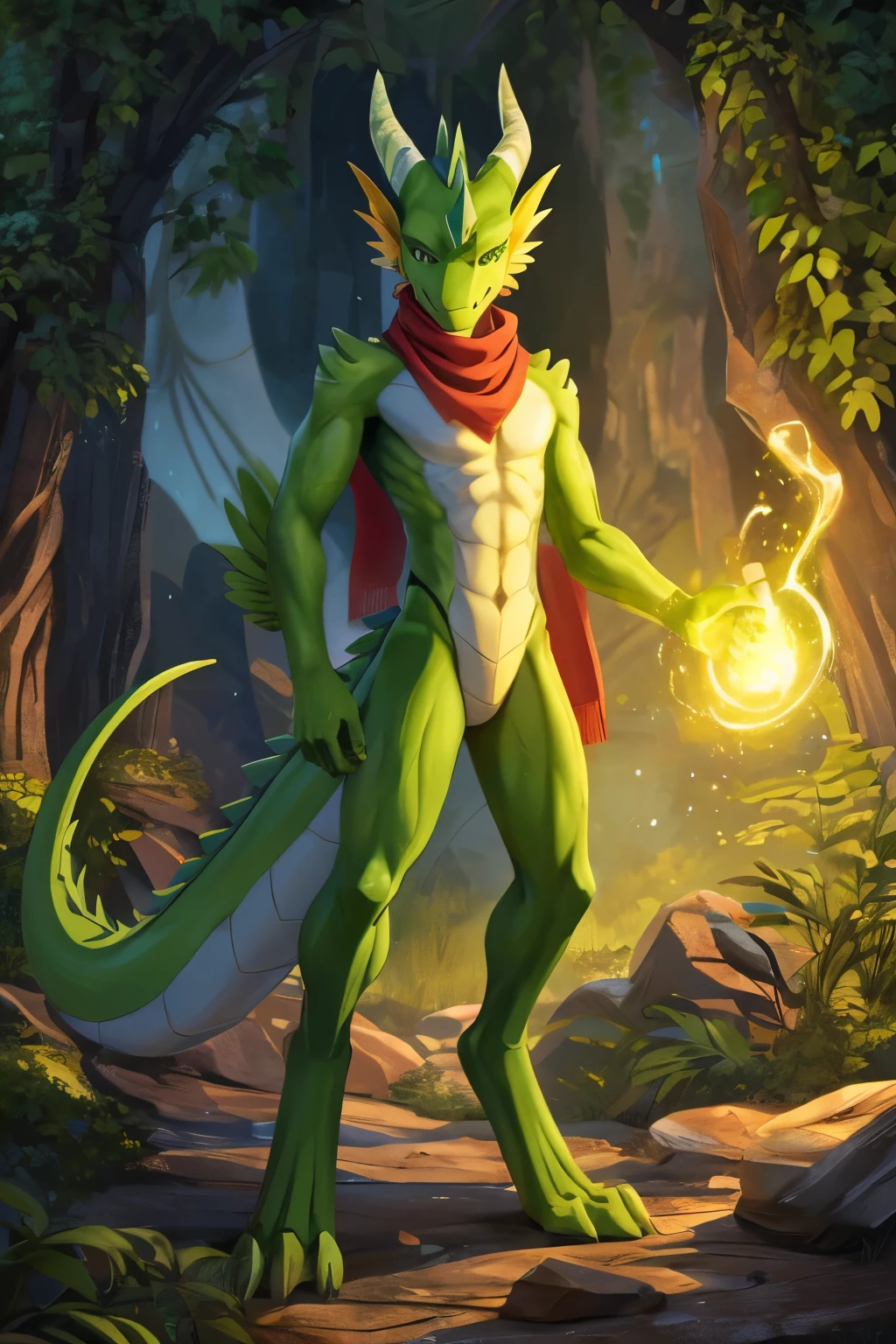 (anime), (front facing), (looking at the camera), slim furry green and lime dragon using old magic, green main body color, smooth skin, very long muzzle, neck and tail fur, digitigrade, creative horns, feathers, gradients, (wearing only a scarf), nature background, full body