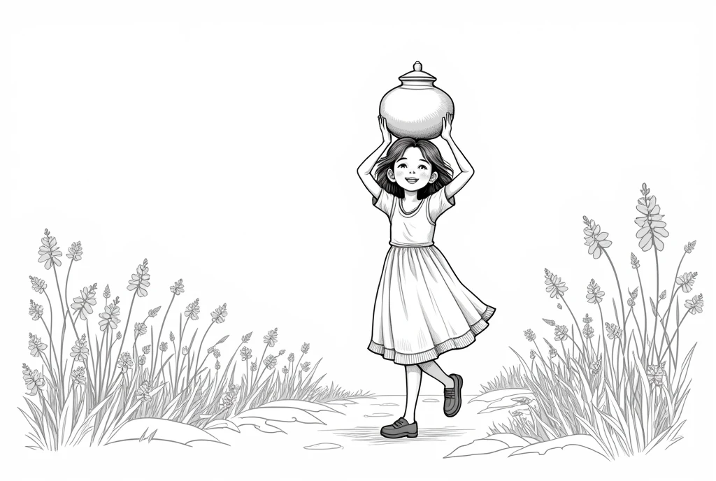 A young girl wearing frock walking down a dirt path lined with vibrant wildflowers, a clay pot balanced gracefully on her head, high quality image, black and white line art image, smile on the girls’ face