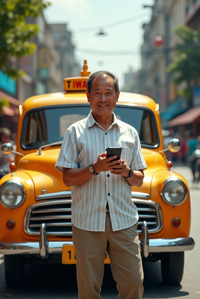 A Thai man in front of a Thai taxi.Holding mobile phone with smile