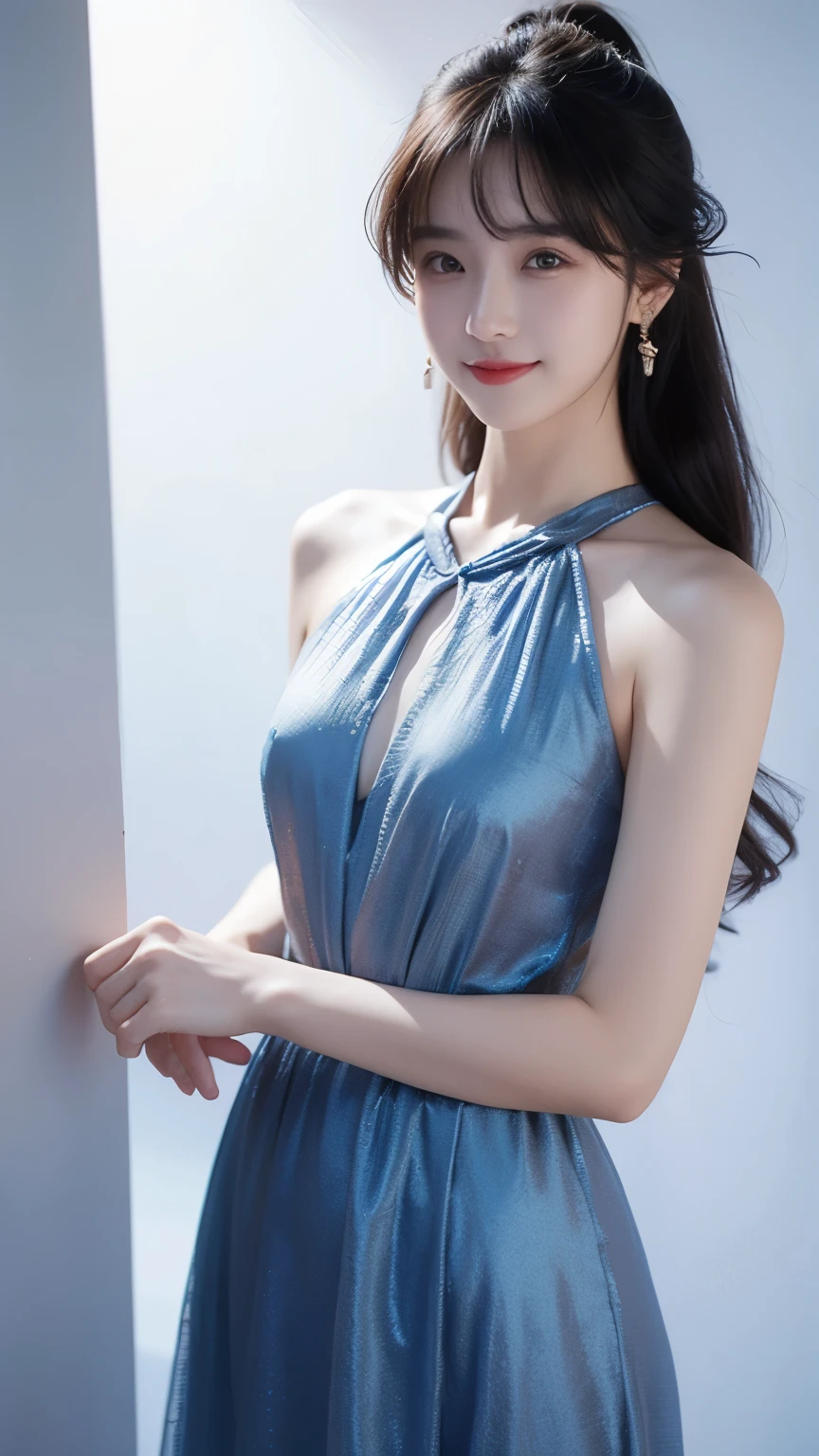 xingxiangzhao,(look at the viewer:2),1girl,blue dress,bare shoulders,earrings,gray background,long hair,sleeveless dress,rim light,moody lighting,smile,