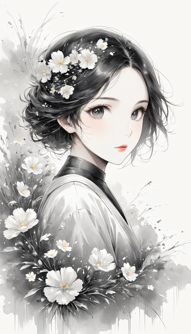 Beautiful young woman with delicate Oriental features (Graphite line drawing :1.5)，(black and white painting:1.45)，minimalism，(line art:1.6)，outline，Charcoal drawing，mask，flowers, with paint splattering around with paint dripping down the bottom, innovative enhanced artwork rich in detail