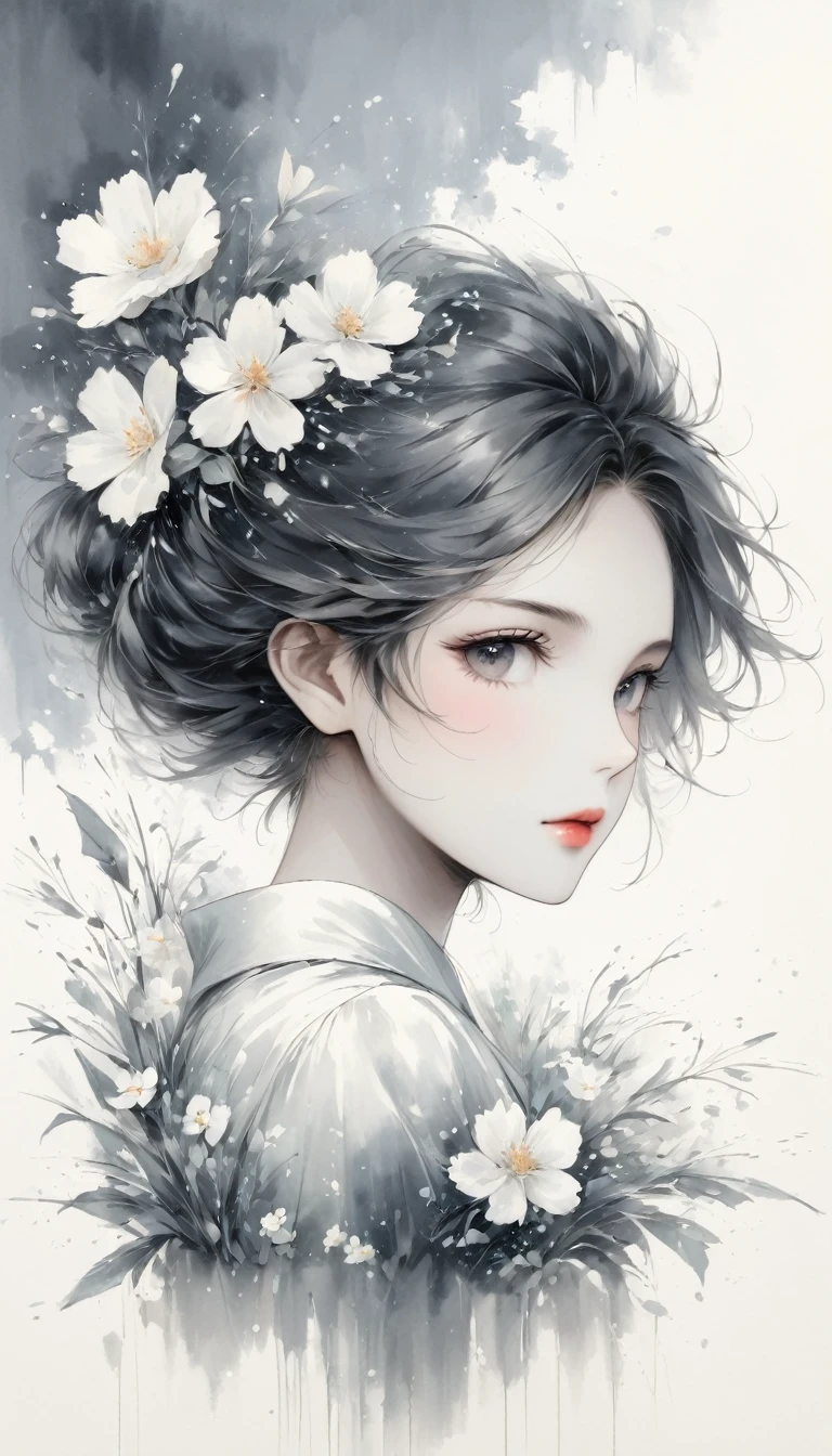 Beautiful young woman with delicate Oriental features (Graphite line drawing :1.5)，(black and white painting:1.45)，minimalism，(line art:1.6)，outline，Charcoal drawing，mask，flowers, with paint splattering around with paint dripping down the bottom, innovative enhanced artwork rich in detail