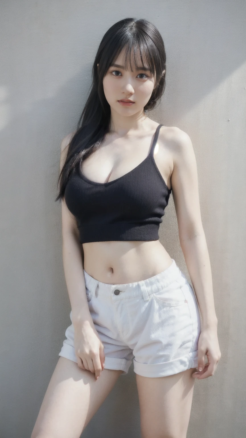 ((1girl)), woman, masterpiece, best quality, highest quality, cinematic lighting, (volumetric lighting), extremely detailed CG unity 8k wallpaper, focused, 8k wallpaper, extremely detailed, ultra realistic, photorealistic, sharp focus, absurdres, (HDR:1.2), (high contrast), photograph, detailed and intricate, instagram, portrait, highly detailed, digital painting, artstation, concept art, smooth, sharp focus, illustration, cinematic lighting, (big breast:1.3), (((skinny, slim legs))), (japanese idol posture), (knit strap tanktop, short pants, open shoulder, open chest, cleavage), looking at the viewer, (I don't see arms)), ((Standing)), ((Medium body shot, hip level shot)), long hair, ((leaning on a wall)), beautiful eyes.