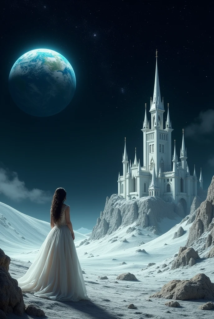 on the moon there is a castle and a princess looking back at the earth