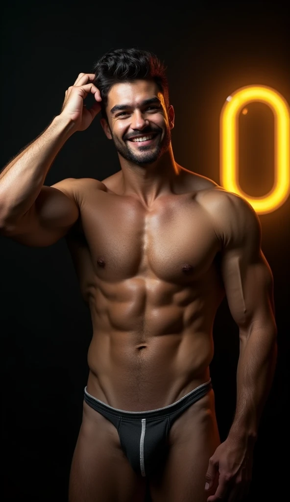 best quality, masterpiece, hyper realistic, extremely detailed, "0" text in yellow neon lights in the background, huge bulge in tiny white string jockstrap, extremely handsome brazilian man, runs one hand through his hair, grinning, stocky build, half body, fill frame, dark cinematic lighting, extremely dramatic shadows, no background, perfect face, perfection, no signature, no logo