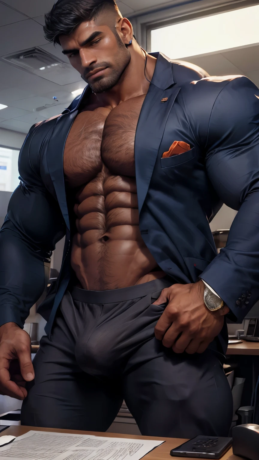 Front open Office suit and showing hairy chest close up focus on press down bulge by hand wetty bulge indian perfect wetty big hairy monster bulge in pant, masterpiece