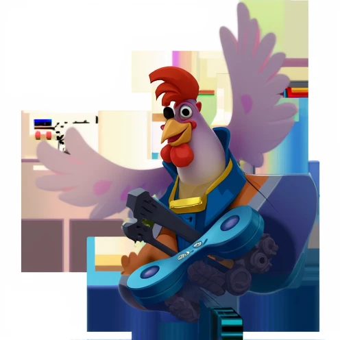 [3D animation, stylized, reminiscent of the work of Pixar and Studio Ghibli], Cartoon chicken in a hat playing guitar, Anthropomorphic chicken, the king of Rooster, Pride and arrogance, Pride and arrogance smirk, Pride and arrogance expression, Macho Duck, Robot duck concept portrait, Portraits, Inspired by Luigi Casimir (Luigi Kasimir), armored duck, Rooster, Rooster!!!!, Captain Falcon, Official Art, Ink art brawlstars