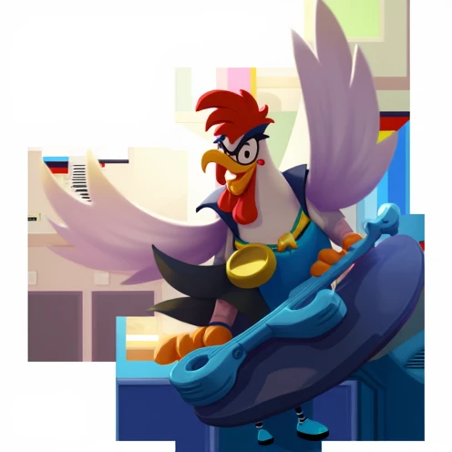 [3D animation, stylized, reminiscent of the work of Pixar and Studio Ghibli], Cartoon chicken in a hat playing guitar, Anthropomorphic chicken, the king of Rooster, Pride and arrogance, Pride and arrogance smirk, Pride and arrogance expression, Macho Duck, Robot duck concept portrait, Portraits, Inspired by Luigi Casimir (Luigi Kasimir), armored duck, Rooster, Rooster!!!!, Captain Falcon, Official Art, Ink art brawlstars